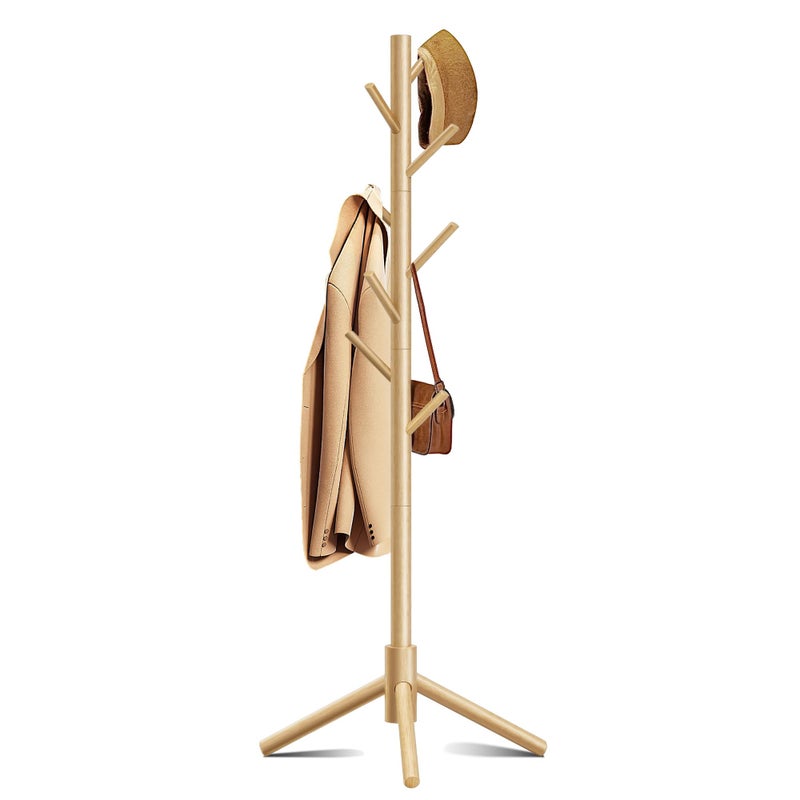 Azaeahom Wooden Coat Rack Stand, Free Standing Coat Rack with 8 Hooks 3 Adjustable Heights for Clothes, Hats, Handbags, Coat Tree Easy Assembly for Entryway, Bedroom, Hallway, Office (New Nature) - Image 1